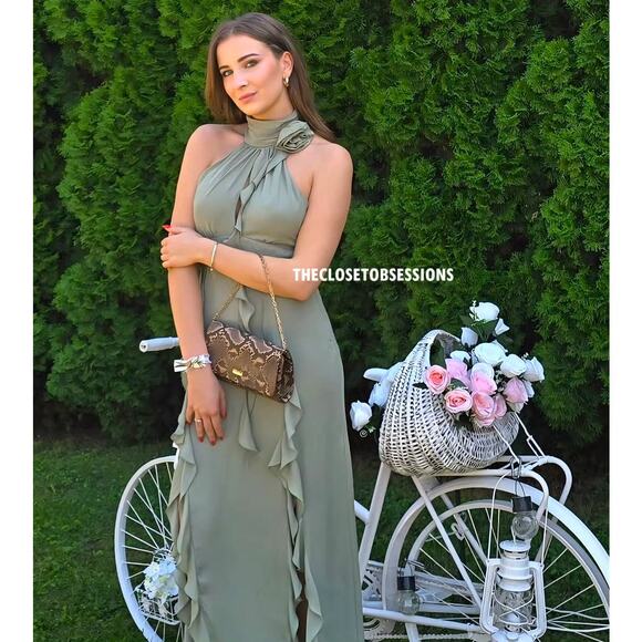 💚 ZARA Halter Neck Midi Dress NWT | Sea Green Ruffle Floral Detail M/L - Picture 6 of 16